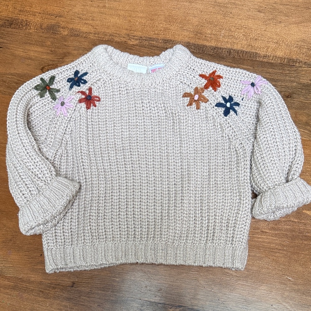 Zara Cream Knit Crewneck Sweater with Multicolor Floral Appliqué
